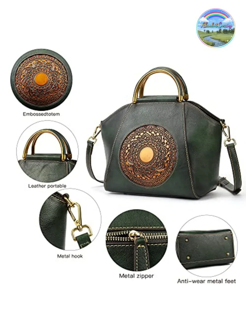 Genuine Leather Embossed Totem Top Handle Satchel Crossbody Bag Women's Handbag